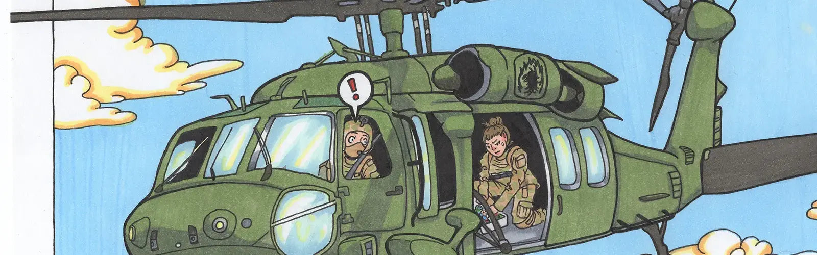 An illustration of a green military helicopter with the side door open