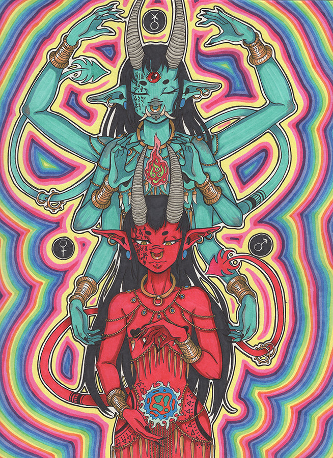 "Kali’s Embrace – Psychedelic Goddess & Demon Fusion Art Print 🔮🔥"