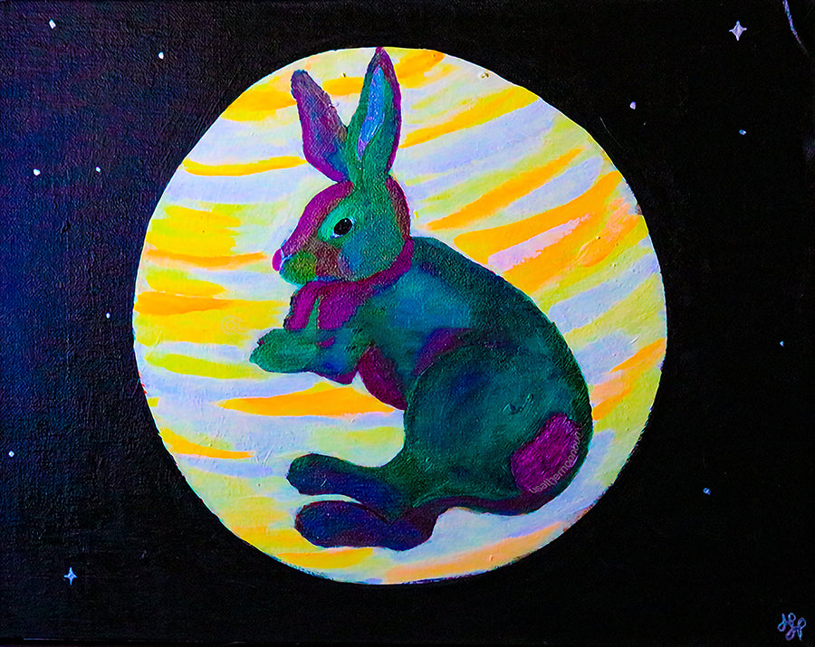 "Lunar Lagomorph" – A Cosmic Art Print by Hannah Hall 🌕🐇✨