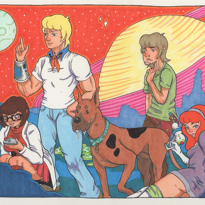 The scooby gang. Velma is looking at an object, Fred is behind her with his hand up, Sccoby is in the middle. Shaggy is behind Scooby looking frightened and Daphne is laying down and looking over her shoulder.