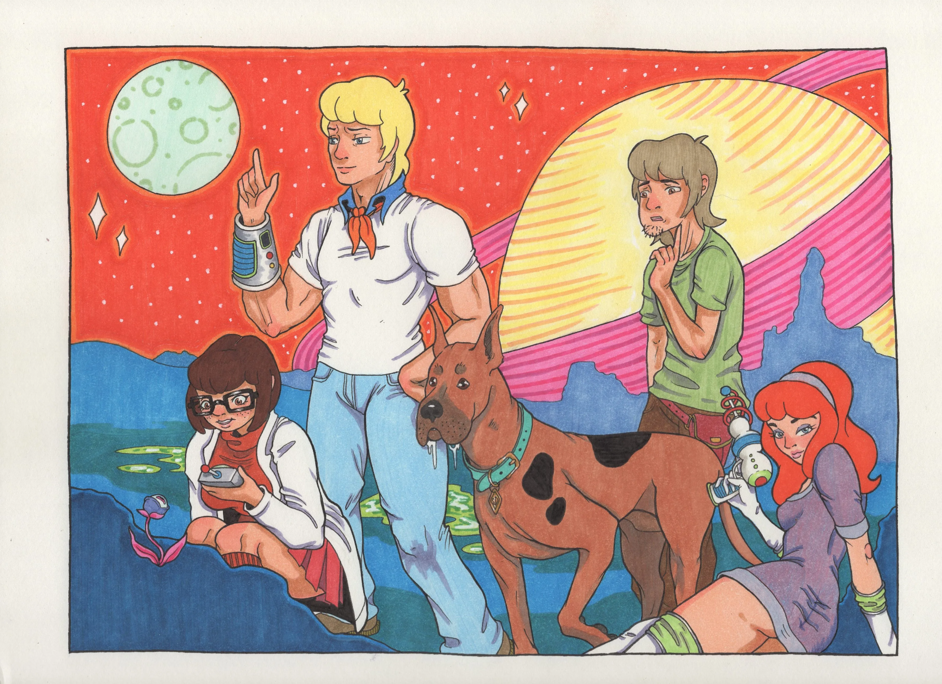 The scooby gang. Velma is looking at an object, Fred is behind her with his hand up, Sccoby is in the middle. Shaggy is behind Scooby looking frightened and Daphne is laying down and looking over her shoulder.