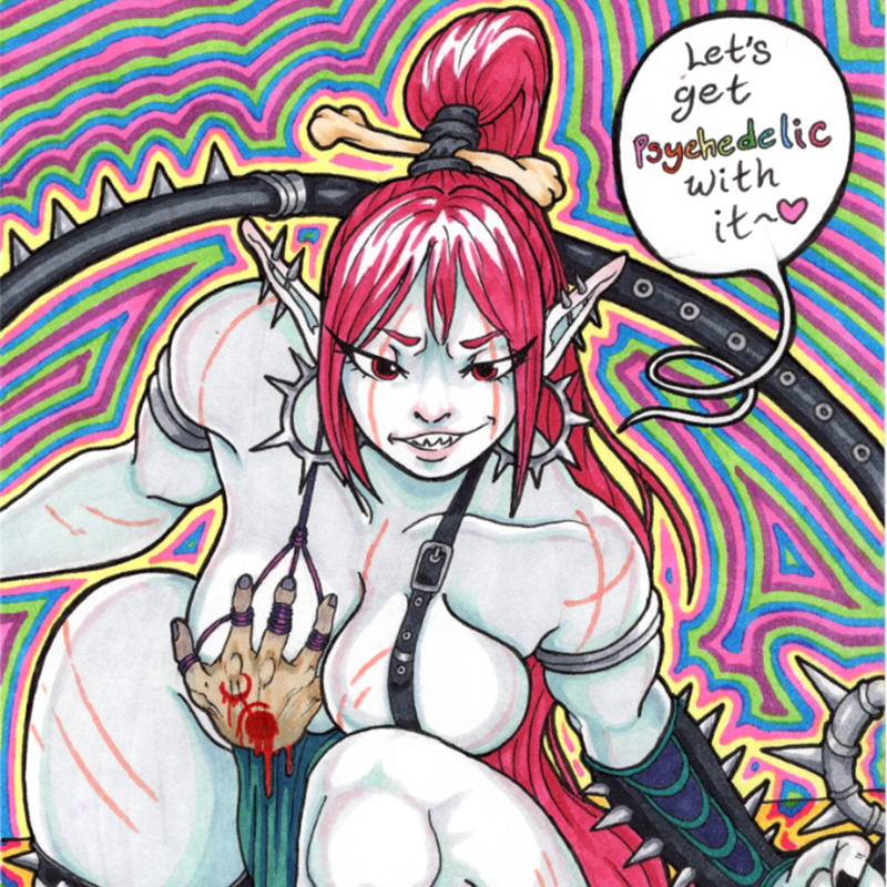 A mostly naked woman with red hair saying "Let's get psychedelic with it" in front of a colorful lined background