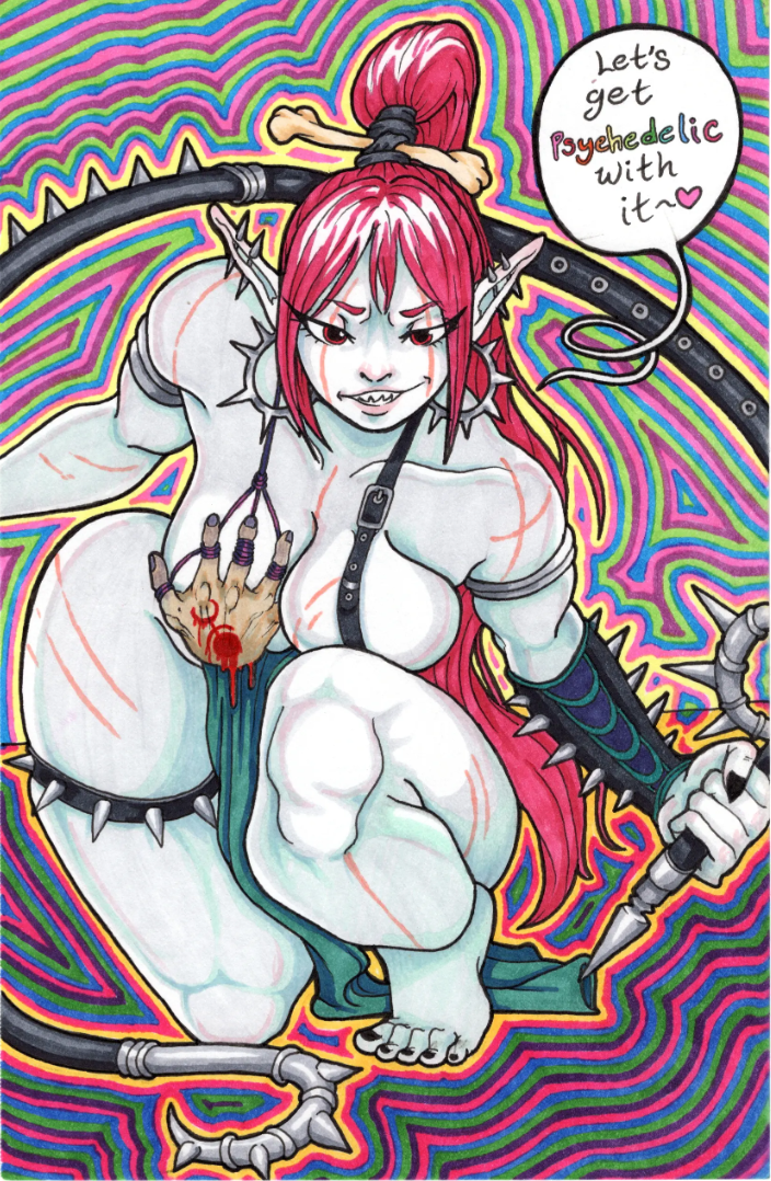 A mostly naked woman with red hair saying "Let's get psychedelic with it". She is on one knee, and in one hand has a spiked whip. There is also a dismembered hand on one breast. She is in front of a colorful lined background