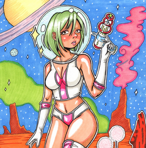 A light skinned girl with green hair wearing an astronaut helmet and revealing spacesuit holding a retro space ray. Behind her is Saturn and a red barren landscape.