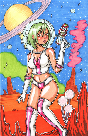 A light skinned girl with green hair wearing an astronaut helmet and revealing spacesuit holding a retro space ray. Behind her is Saturn and a red barren landscape.