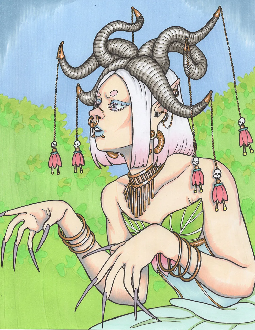 Enchanted Horned Sorceress Art Print – A Vision of Dark Elegance by Nox