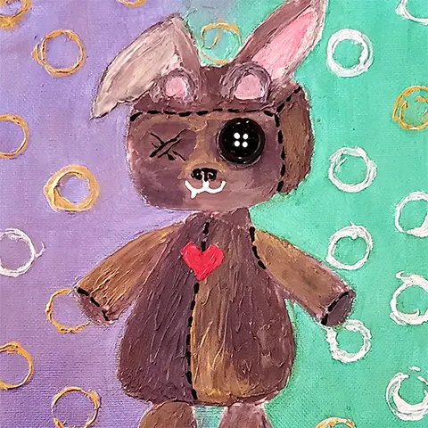 A plush styled bear with long ears in front of a purple and green background